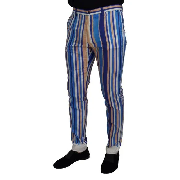 Dolce & Gabbana Blue Striped Silk Cotton Slim Trousers Pants